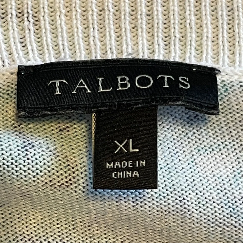 Talbots Medallion Print Lightweight Sweater XL Blue Green Roll Tab Sleeve Top